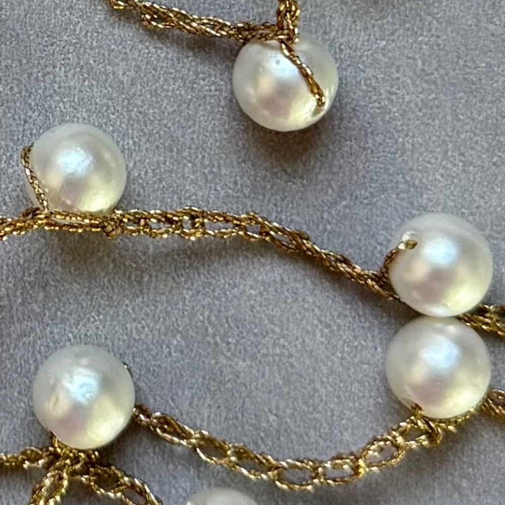 VINTAGE Necklace Long Gold Crocheted Chain with Faux White Pearls 78" - Picture 2 of 7